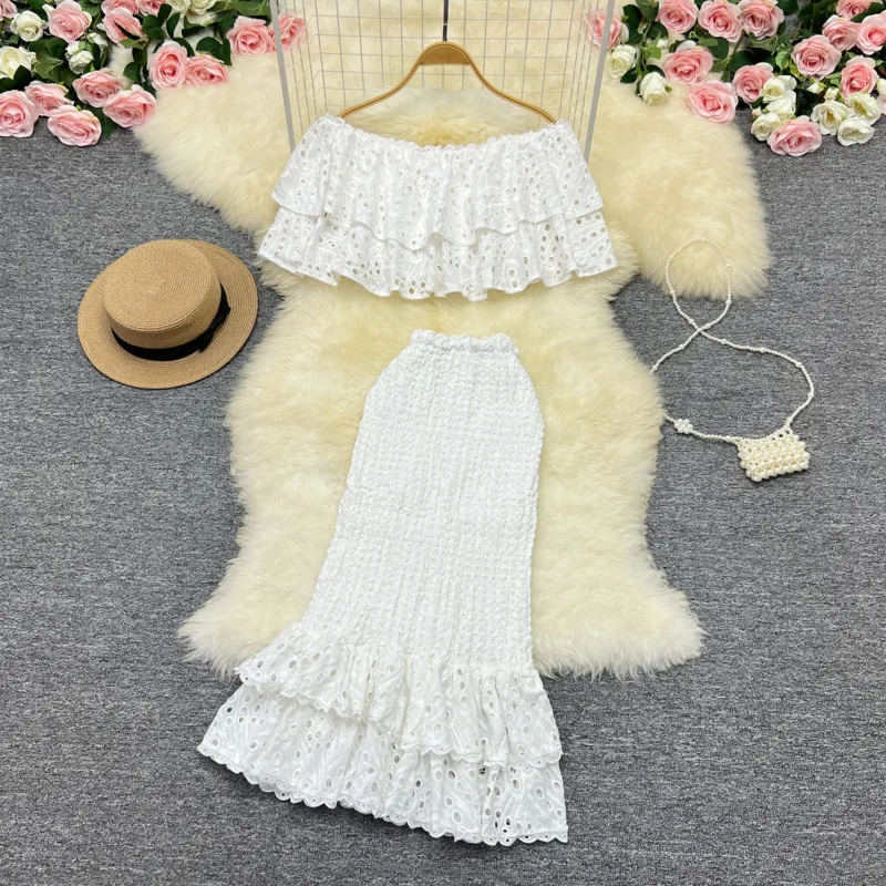 Brand Runway Summer Embroidery Cotton Two Piece Set Women Skirts Suits Ruffle Sexy Cropped Top Fishtail Midi Skirts 2pcs Outfits