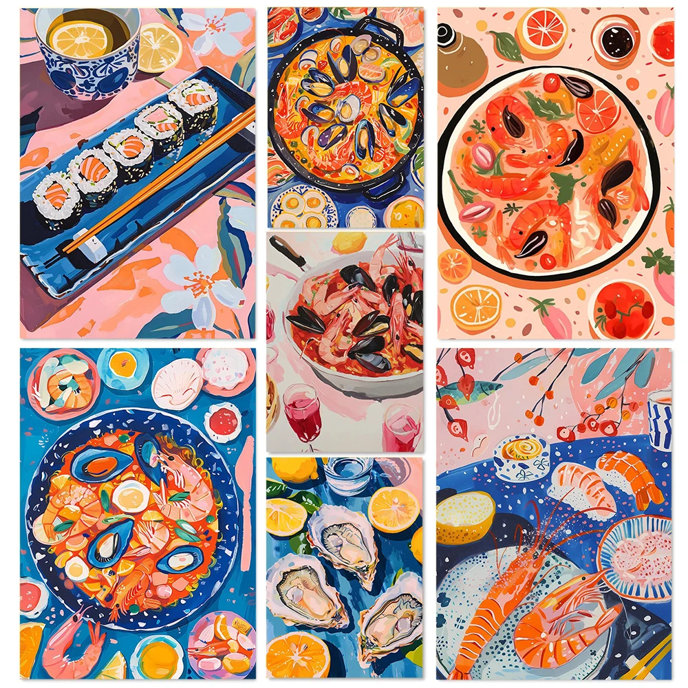 Póster artístico de cocina de sushi de mariscos deliciosos de Japón, lienzo impreso al óleo, mural para sala de estar, cocina, restaurante, decoración, regalo