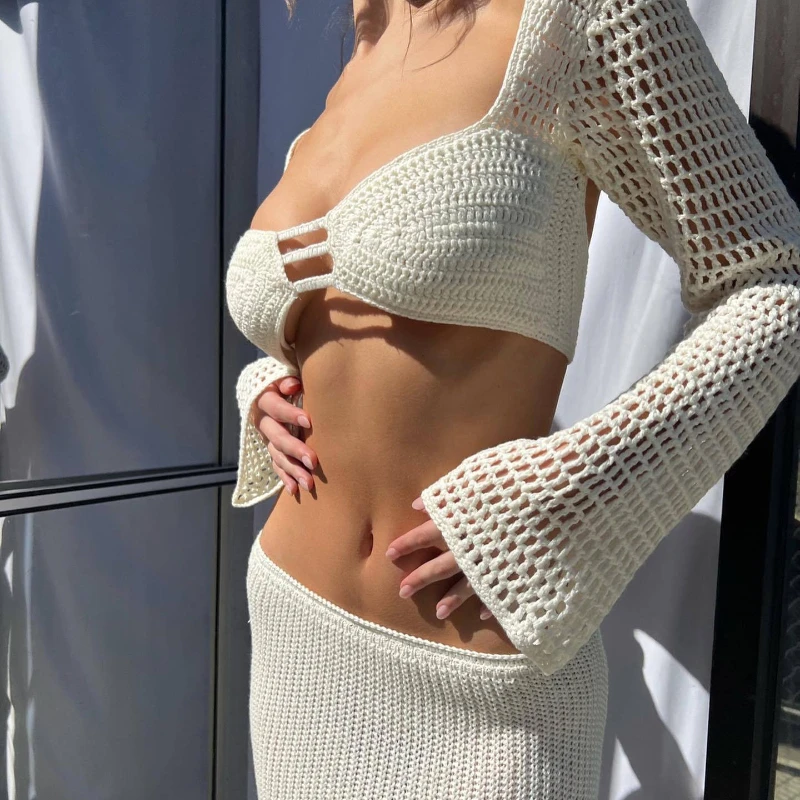 

Women's Long Dress Set Summer Women's New String Long Sleeve Bag Hip Casual Knitted Long Dress Set Beach Outfits for Women