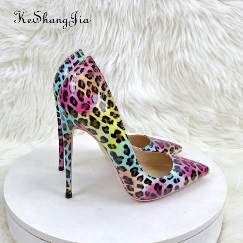 Ke Shang Jia Color Leopard print Dot Women Patent Leather Pointy Toe Stiletto High Heels Ladies Slip On Pumps Printed Party Shoe