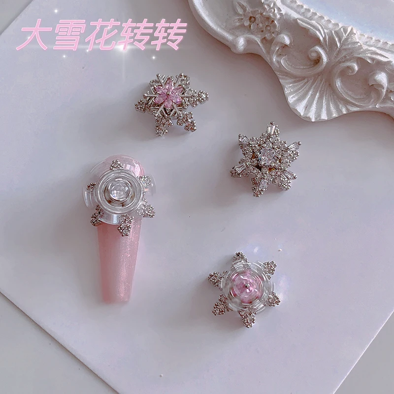 5pcs Manicure luxury rotating snowflake tassel nail jewelry double-layer diamond real gold zircon autumn nail decoration