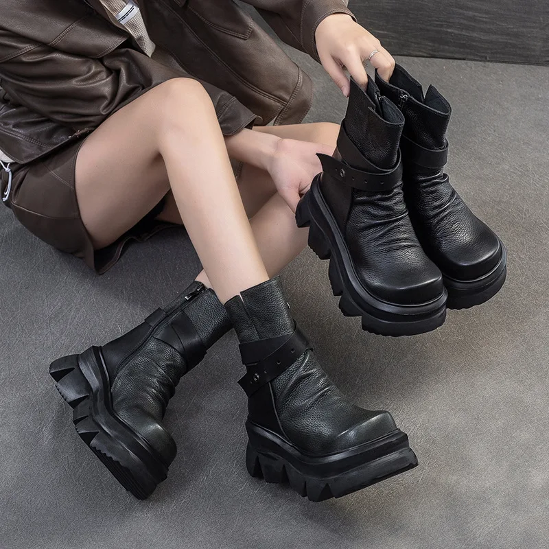 6.5cm Natural Genuine Leather Chimney Boots Women Ladies Fashion Ankle Booties Autumn Motorcycle Spring Moccasins Shoes
