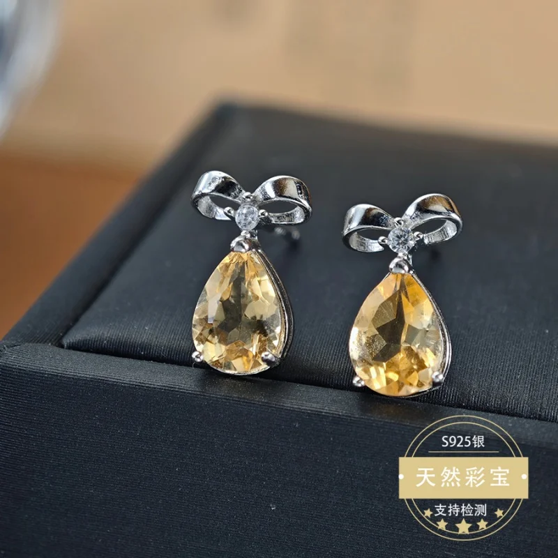 

Natural Citrine 925 Sterling Silver Stud Earrings for Women Bowknot Cute Wedding Girl Fine Jewelry Birthday Gift