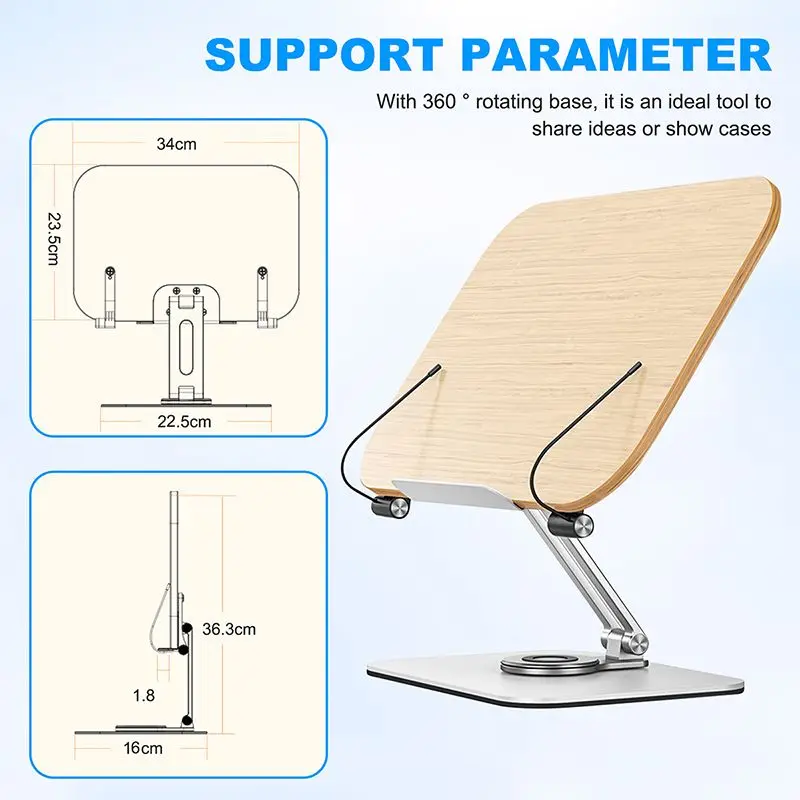 Foldable Desktop Holder Adjustable Bracket For Reading,With 360° Rotating Base & Page Clips