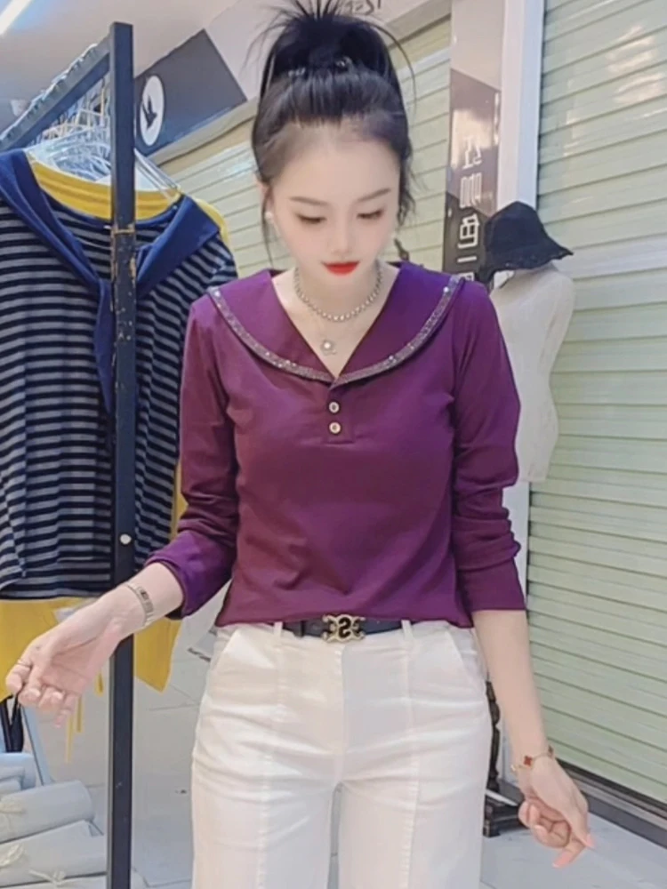 Camiseta larga única de principios de otoño para mujer, camiseta de algodón puro que adelgaza la cubierta de carne, Faionable 2025, nueva Sle Commute Sle