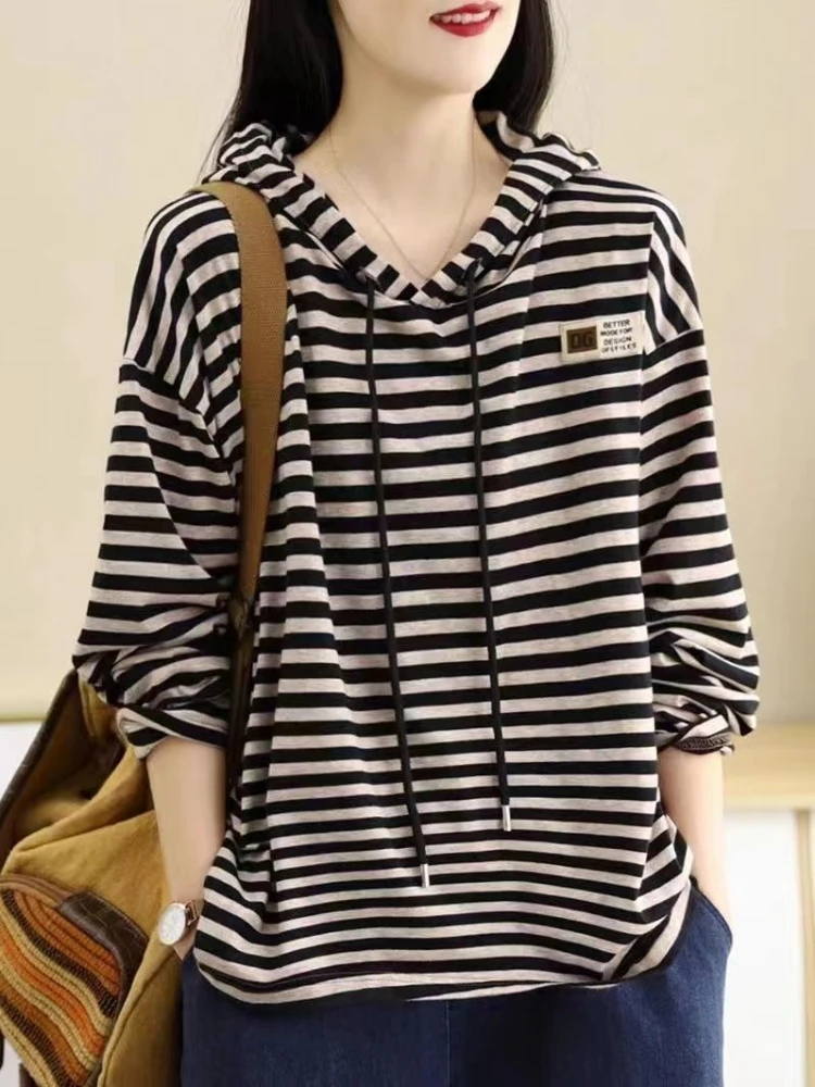 Women Cotton Striped Hoodie Long Sleeve Sweatshirt Spring Casual Pullover Tops