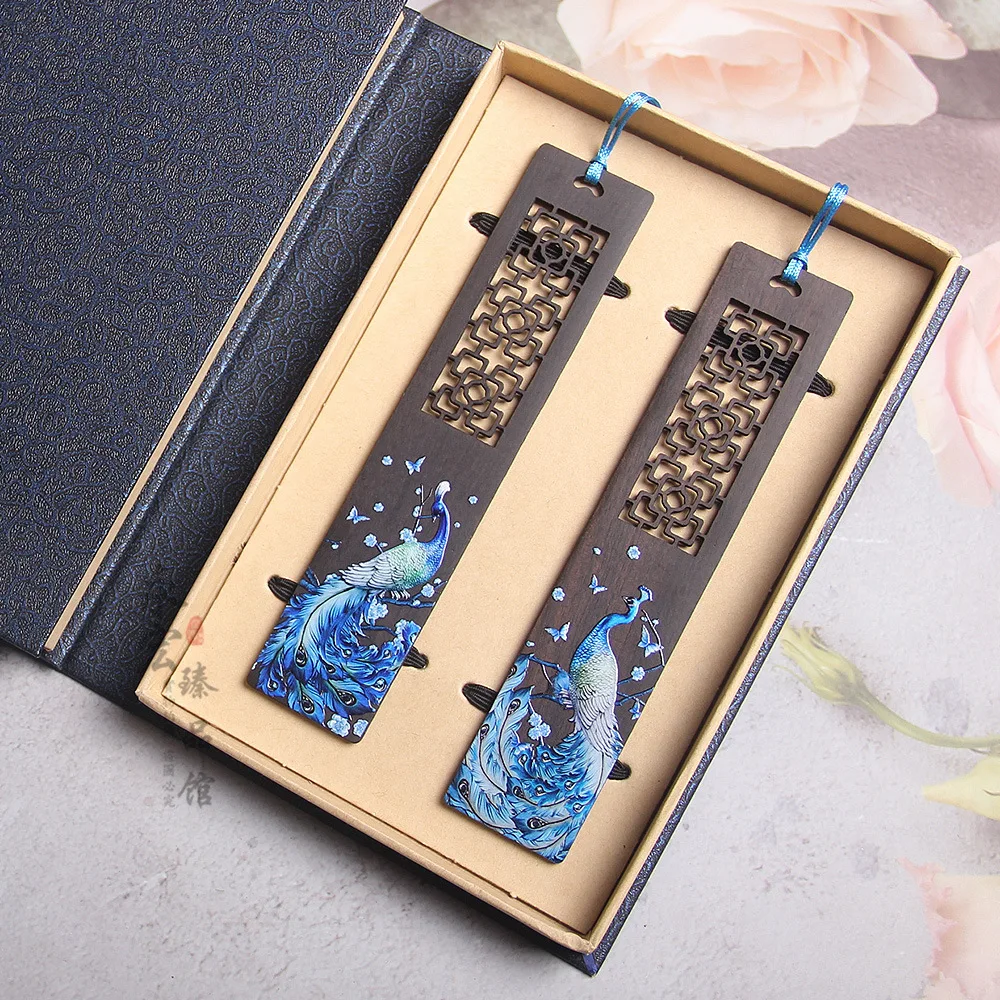 Colored Ebony Hollowed Out Blue Peacock Bookmark Butterfly Flying Bird Dance Literary Artistic Chinese Style Cultural Creative