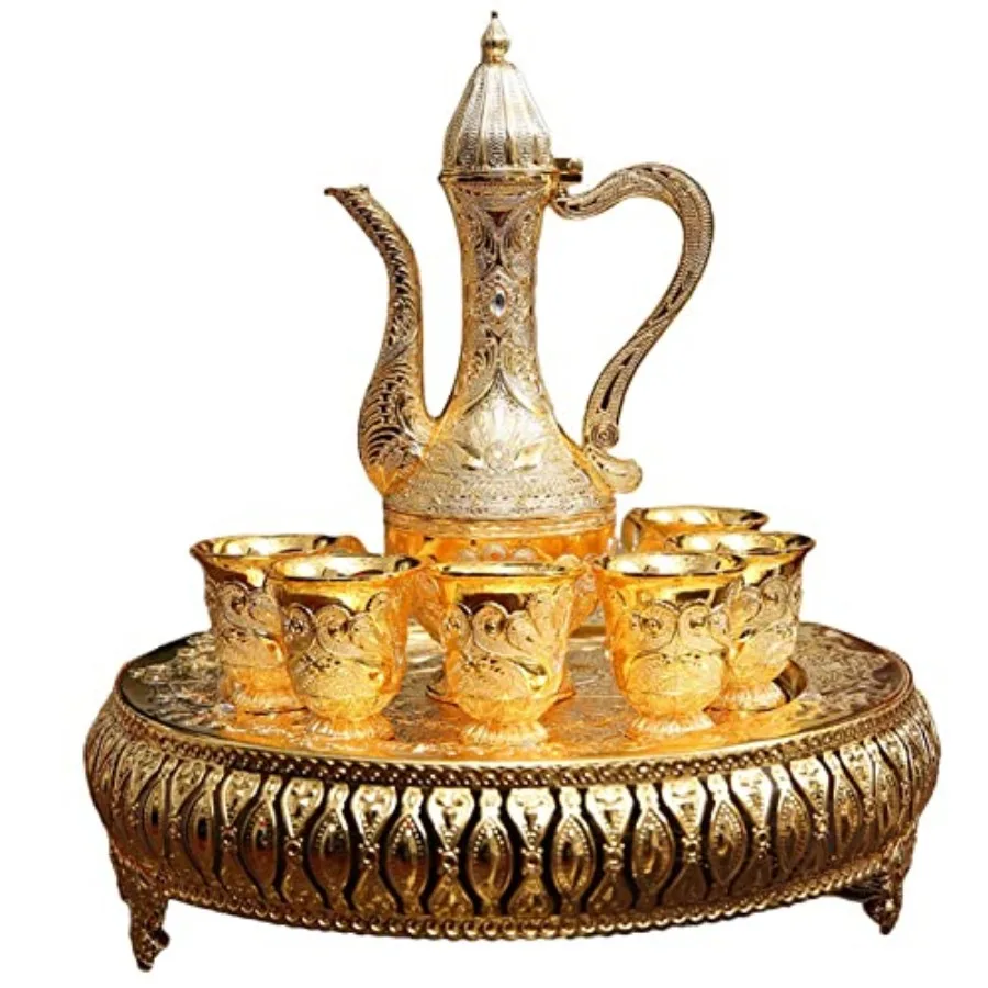 

Turkish Coffee Cup and Tea Pot Set Including TeapotTea Tray 6 Metal Cups Tea Service Set for Tea Table Decor Hip Flask