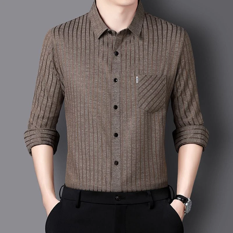 Autumn Men's Mulberry Silk Long-sleeved Shirt Casual Non-iron Breathable Anti-wrinkle Striped Middle-aged Shirt
