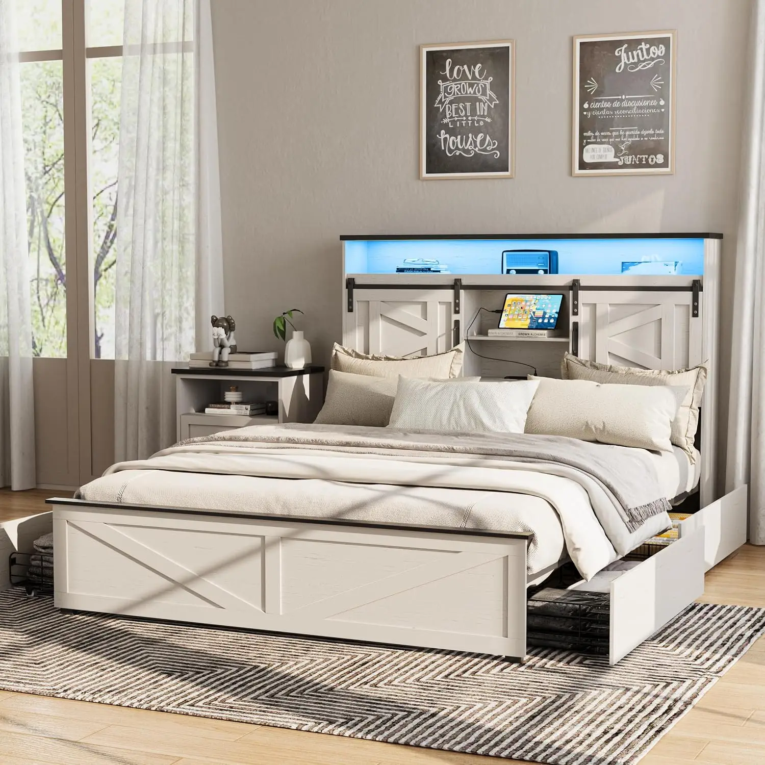 Farmhouse Full Size Bed Frame with 4 Drawers and Bookcase Headboard, Sliding Barn Door Storage Shelves, LED Lights, Customized