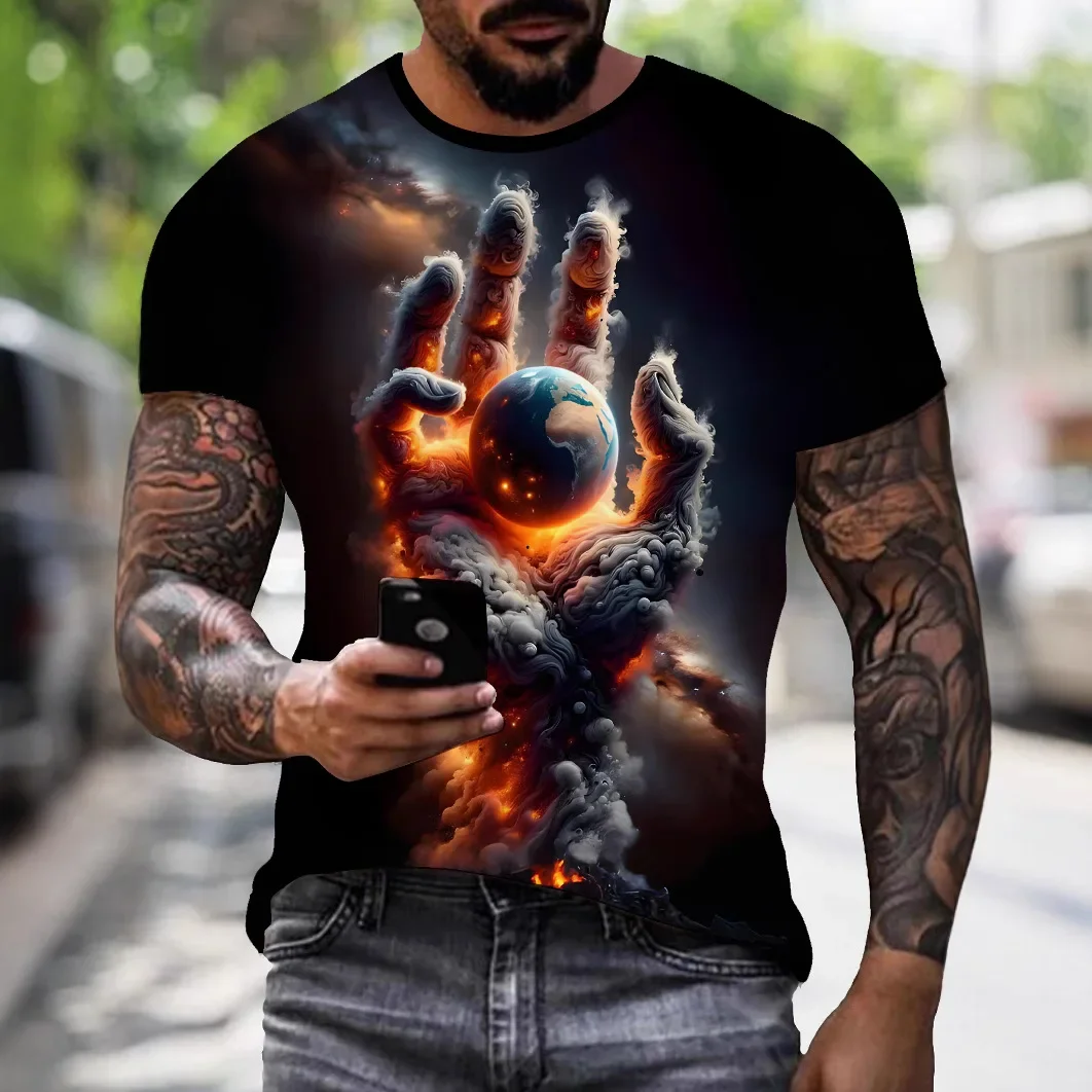 Trendiges Herren-Freizeit-T-Shirt mit 3D-Digitaldruck, Sternenhimmel-Muster, kurzärmelig, locker sitzender Pullover mit Rundhalsausschnitt für Herren