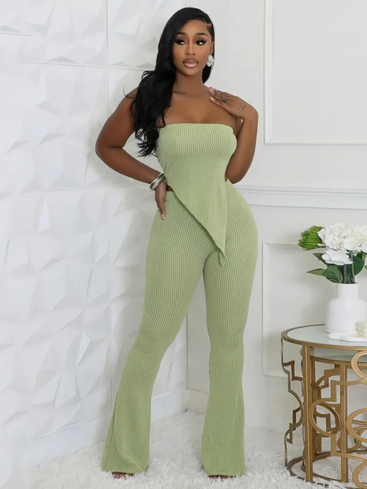 

Leosoxs Ribbed Basic Women Tracksuit 2 Piece Set Stretch Irregular Tube Tops+Flare Trousers Skinny Simple Matching Outfits