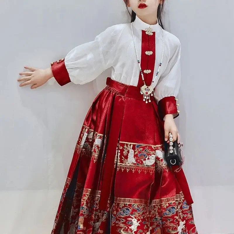 Hanfu Suit Girls' Modified Mamianqun Chinoiserie Tang Suit Ancient Red Horse-face Skirt Suit Children's Summer Thin