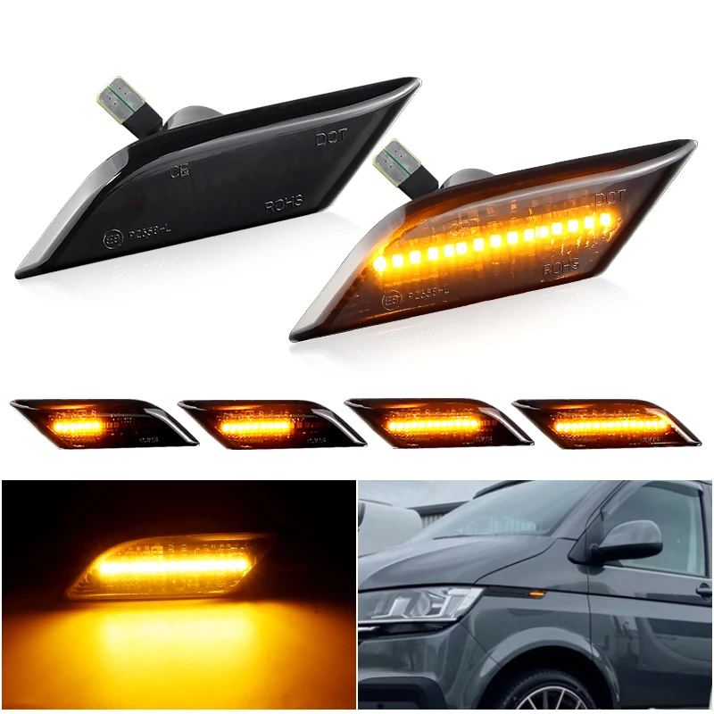 

2 шт. 12В светодиодные боковые габаритные огни с затемненными линзами янтарного цвета для VW Transporter T6 2020-2021, указатели поворота, Plug&Play, без ошибок CANBUS