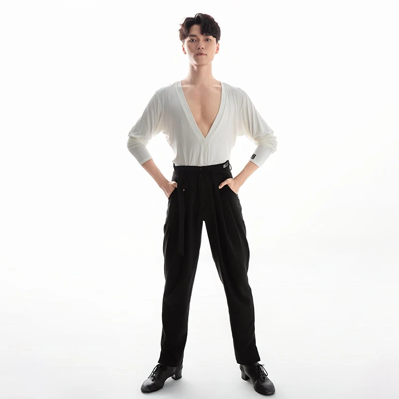 2025 New Latin Dance Tops For Men Big V-Neck Shirts Chacha Rumba Tango Dress Adult Male Latin Performance Stage Wear DQS18104
