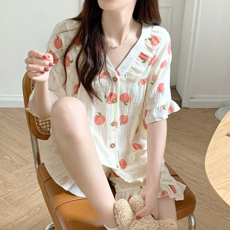 

Cute Summer Little Women's Short Sleeve Shorts Pure Cotton Pajamas Suit Girls Dorm New Loungewear Set Sweet Sleepwear Outfit