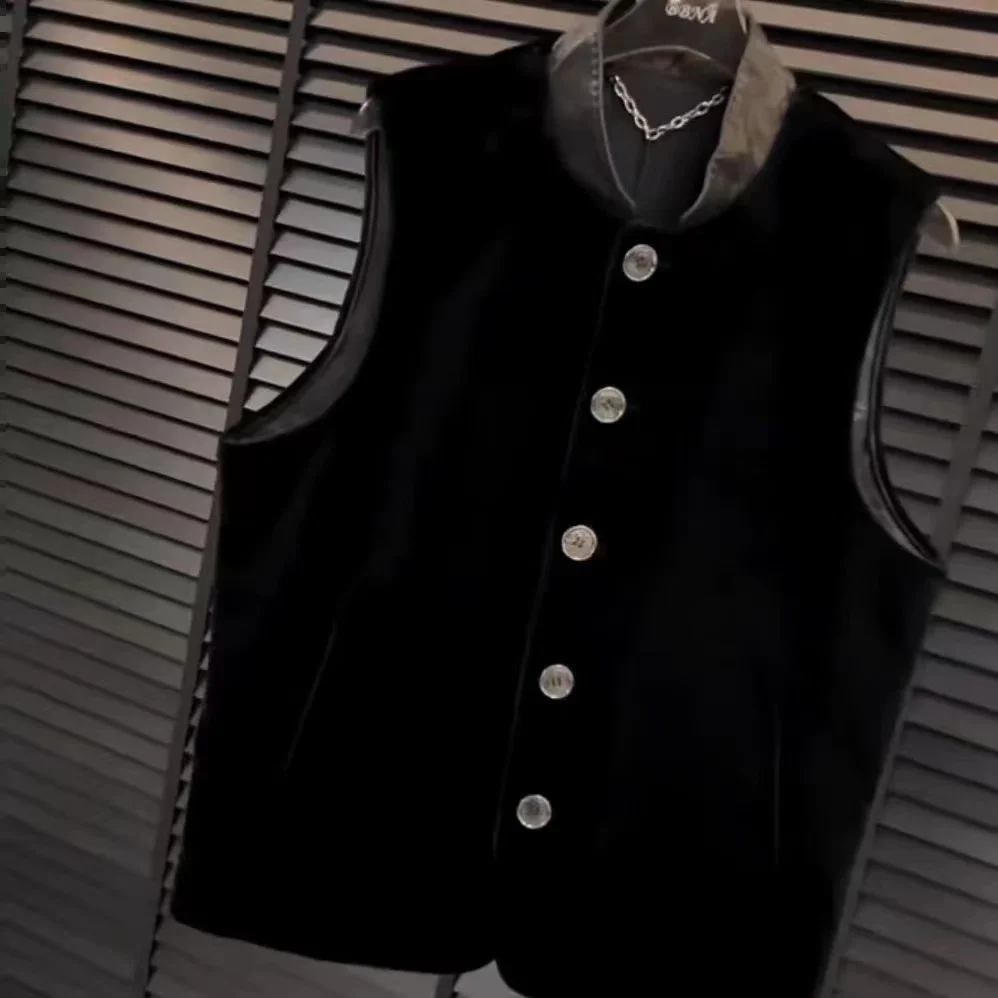 

Faionable Velvet Men's Jaet Autumn Winter New Sle Casual Stand Collar Lightweight Luxury Bla Vest Sli Open Cardigan