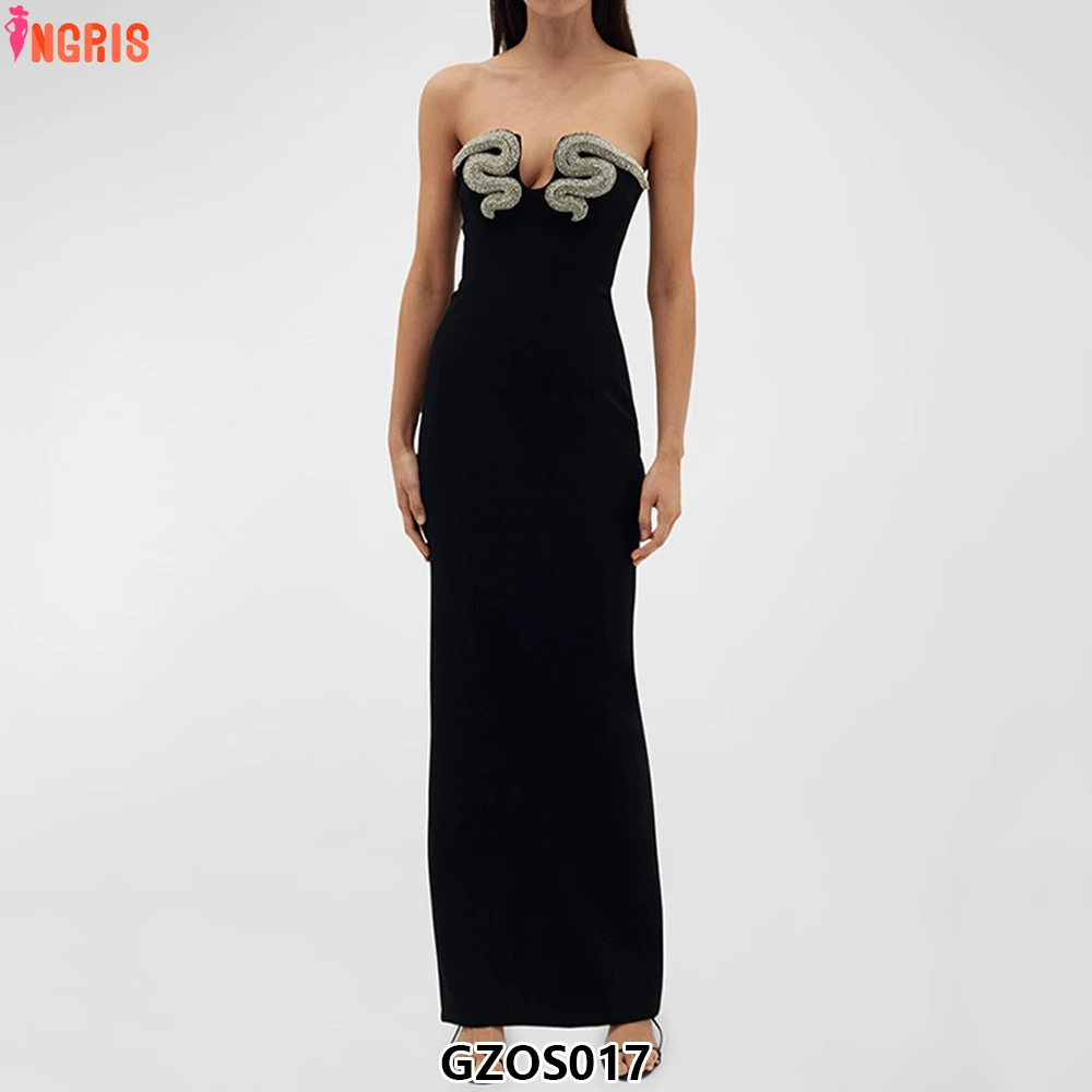 

2025 New Slim Black Evening Dresses Bandage Dress Hot Sale Rhinestone Strapless Banquet Party Dress-GZOS017