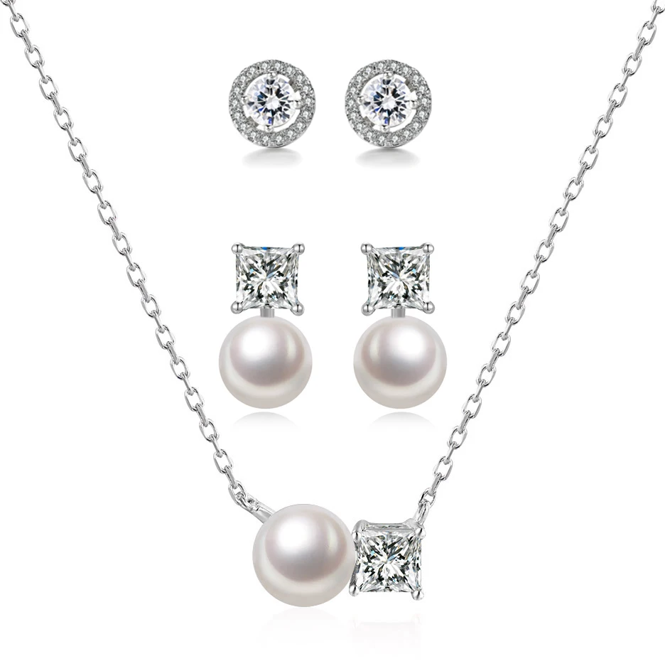 Imitation Pearls Jewelry Set For Women Female Earrings Necklace Silver Color Crystal Wedding Bride Jewellry Wholesale S533