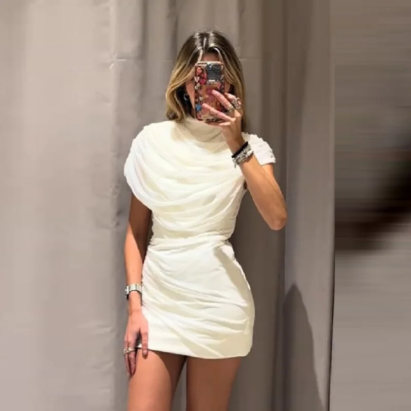 French Elegant Mini Dress White Turtleneck Ruched Bodycon Chic Minimalist Dresses Stylish Modest Designer Chic Women Date Outfit