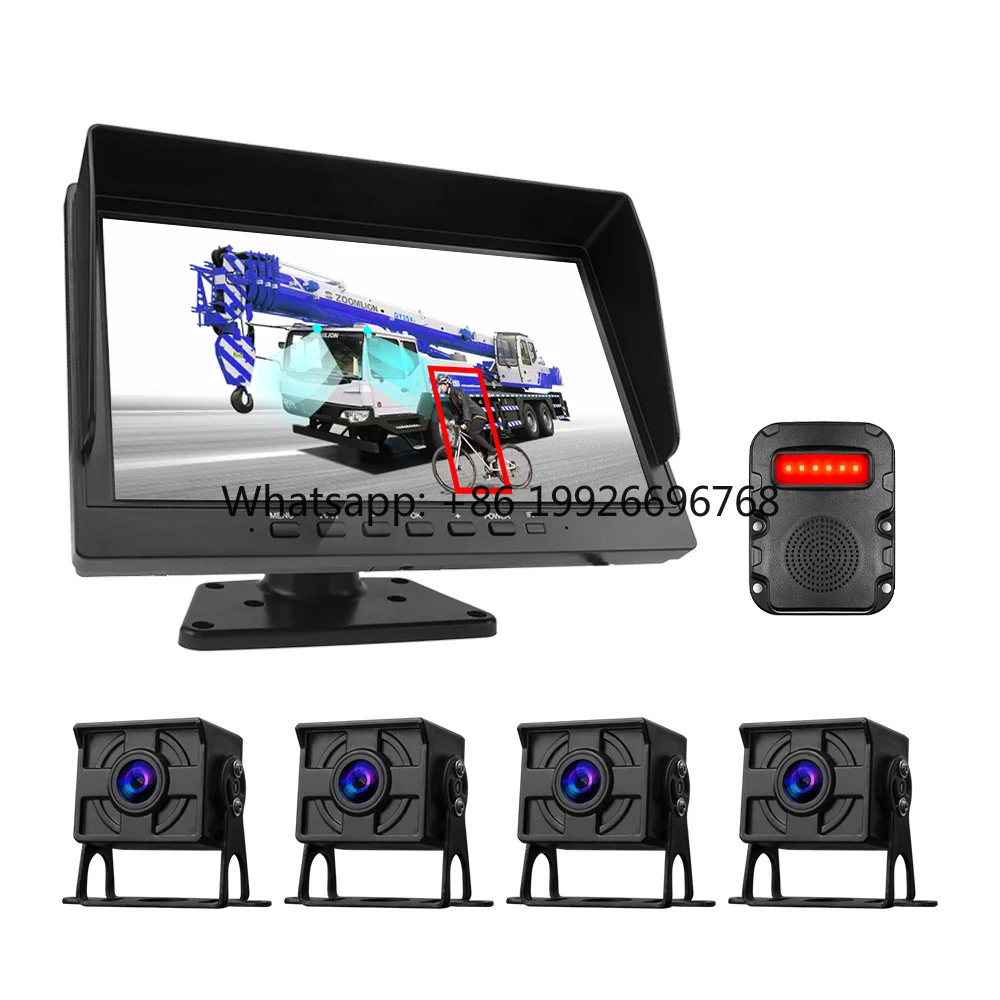 10 Inch 4 Channel Blind Spot Monitoring System with DVR Quad Split Screen Rear View Backup Camera for Trucks Buses-Warning Alarm