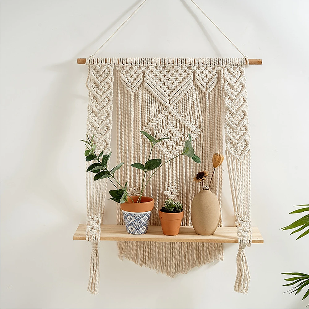 Floating Shelves Wood Stand Boho Home Decor Rope Shelf Living Room Bedroom Tapestry Wall Hanging Decor Display Stand  50*70CM