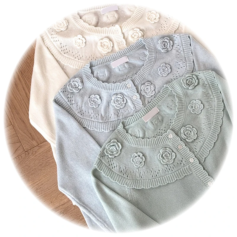 Cardigans de malha kawaii feminino outono manga longa bonito mão crochê flores decoração solta doce suéteres