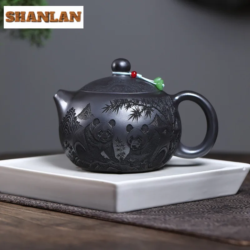

520ml Authentic Yixing Purple Clay Teapots Handmade Panda Xishi Pot Raw Ore Stone Yellow Mud Kettle With Strainer Zisha Tea Set