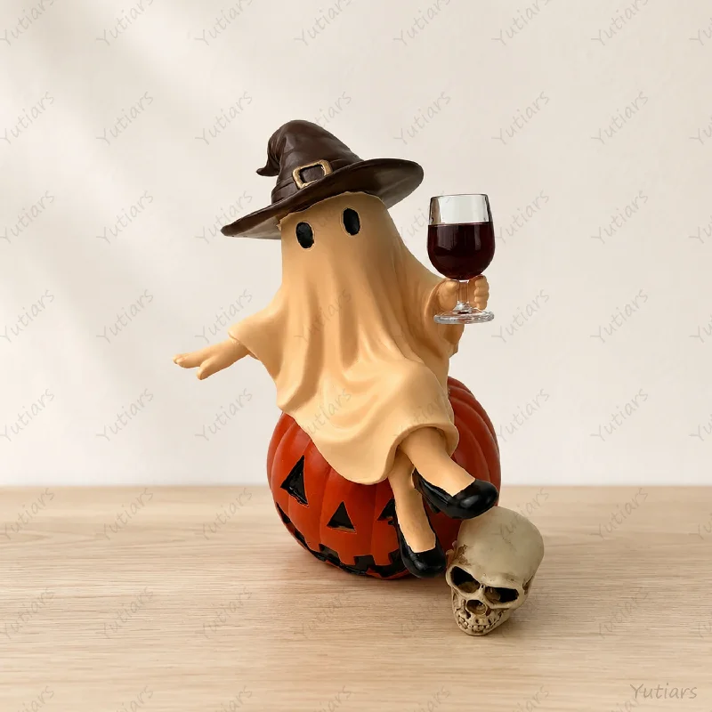 Spooky Halloween Ghost Statue with Witch Hat Wine Glass Resin Ornament Cute Tabletop Home Decoration Gift for Friends Family