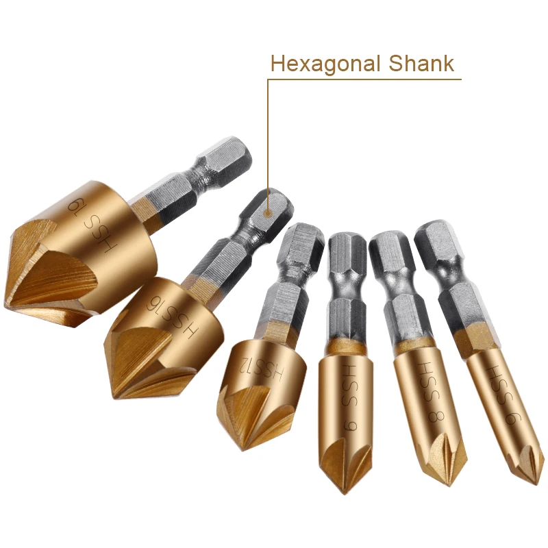 

6-19mm Woodworking HSS Drill Hex Shank Five-Blade 90 Degree Countersink Drills Chamfering Machine Chamfering Cutter Hole Openers