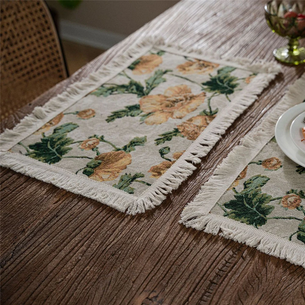 Jacquard Placemats with Tassel For Table Retro America Style Dining Table Mat Cotton Linen Pad Coaster Party Wedding Table Decor