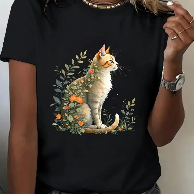 

Floral Cat T Shirt Women Graphic Tee Cute Orange Kitty with Flowers Vintage Aesthetic Nature Art Top Casual Gift for Cat Lovers