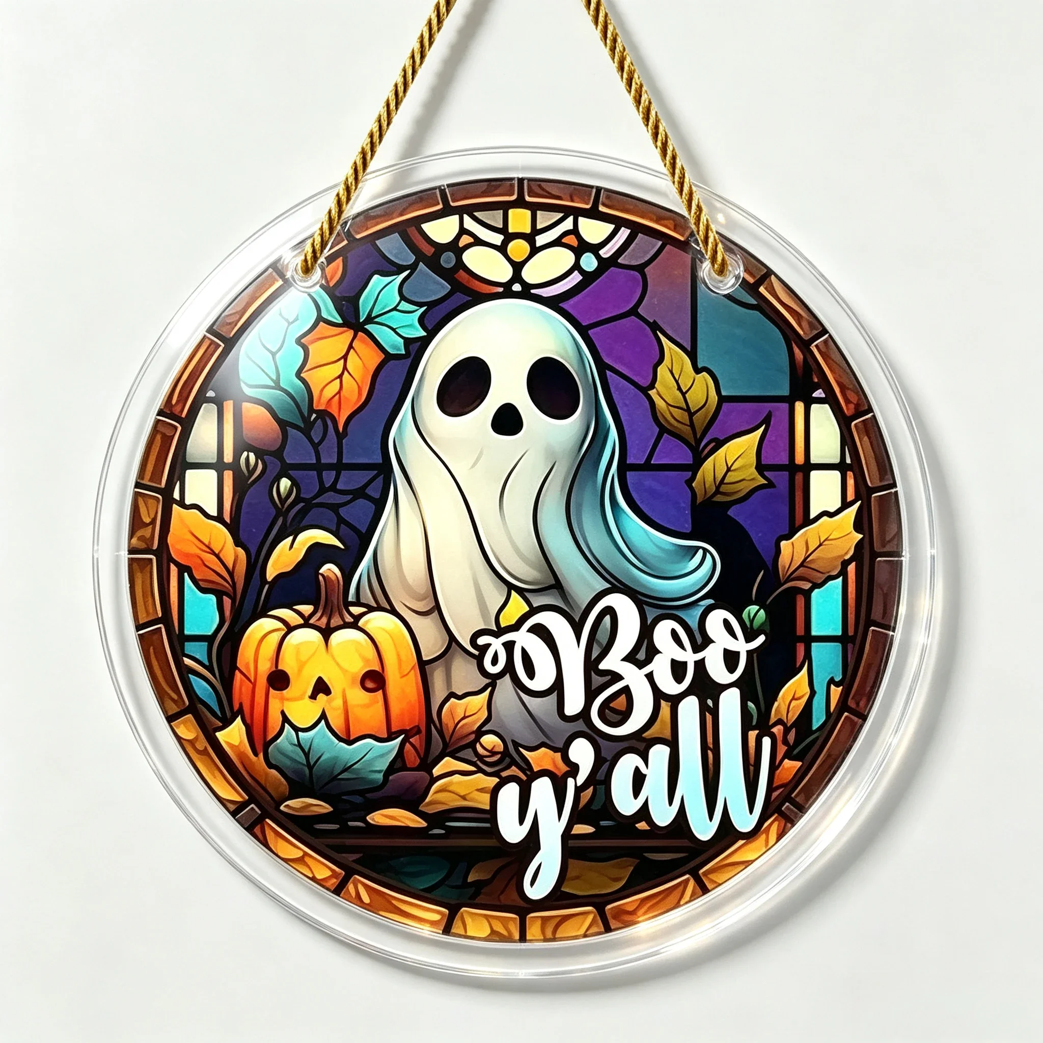 Boo Y'all Ghost Autumn Leaves Round Wall‑Hanging Plaque, Halloween Home Decoration