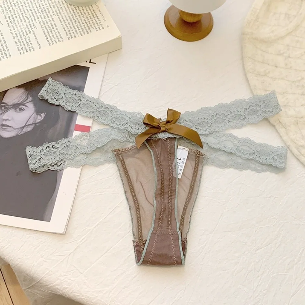 Sweet Low Waist Lace Thongs Transparent Cross Belt Mesh Bow Thong Lingerie Underwear Ladies T-back Briefs Daily - view 2