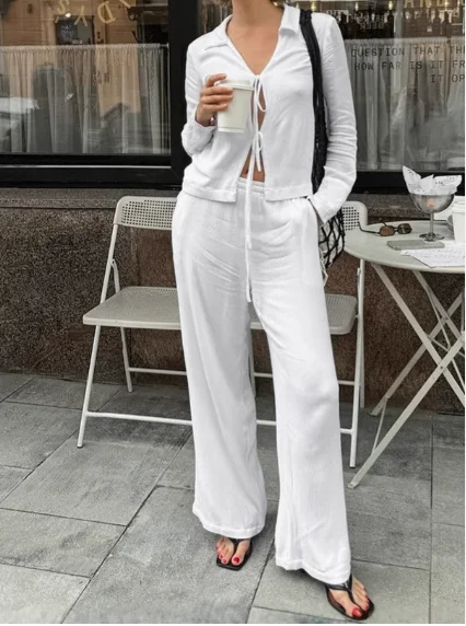 

Lapel Tied Slim Fit Shirt Top and High Waisted Straight Leg Pants Casual Set for Women's Summer Elegant Casual Solid Color Set