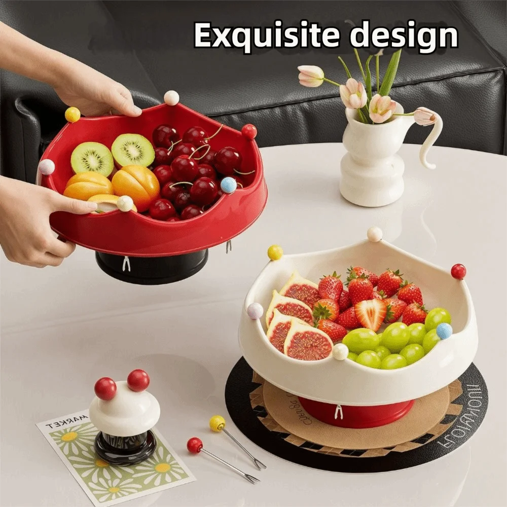 

Dopamine Large Capacity Fruit Plate Draining Household Salad Bowl with Colorful Fruit Forks Dessert Storage Dish Picnic
