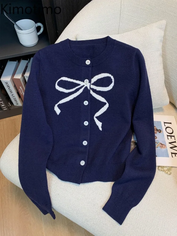

Kimotimo Bow Jacquard Knitted Cardigan Women 2025 Autumn Sweet Single Breasted O-neck Cropped Sweater Fashion Long Sleeve Tops