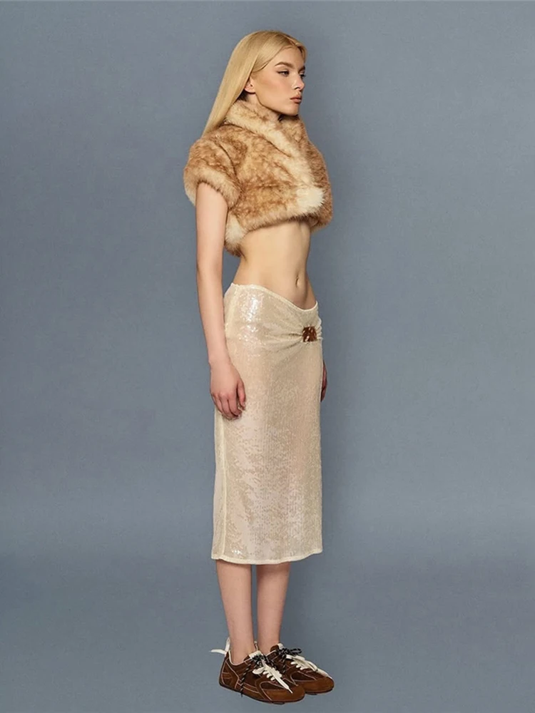 

Cutenew Trend Elegant Furry Crop Jacket Women Autumn Lapel Short Sleeve Hottie Wild Midnight Party Street Clubwear Chic Coat