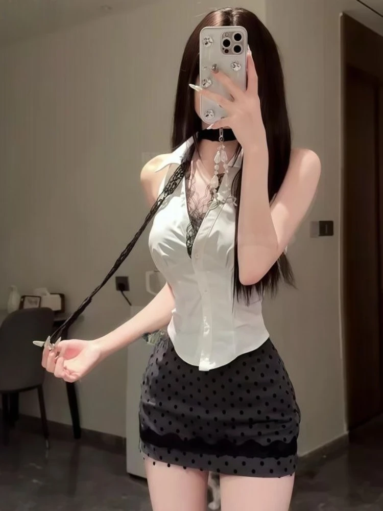 

Summer French Style Hottie Lace 2 Piece Set Women Y2k Elegant Design Tops +Polka Dot Hip Skirt Fashion Female Retro Chic Outfits