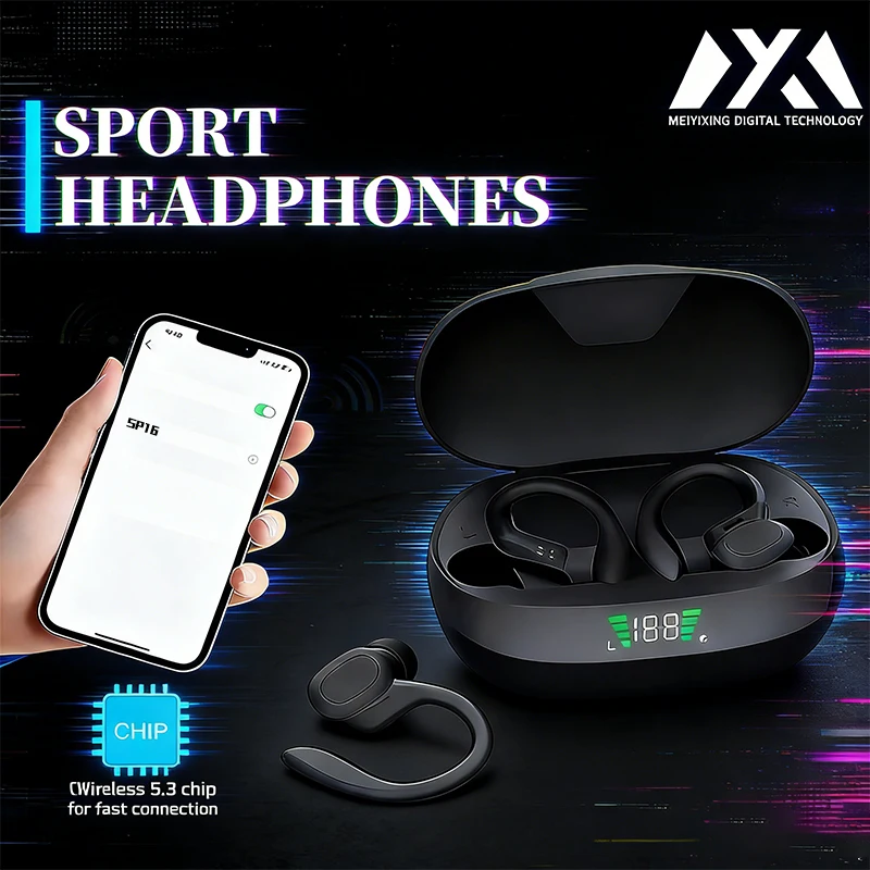 SP16-Earhook Bluetooth Headphones Wireless Over-Ear Headset with Microphone for Sports Running Earbuds with Volume Control