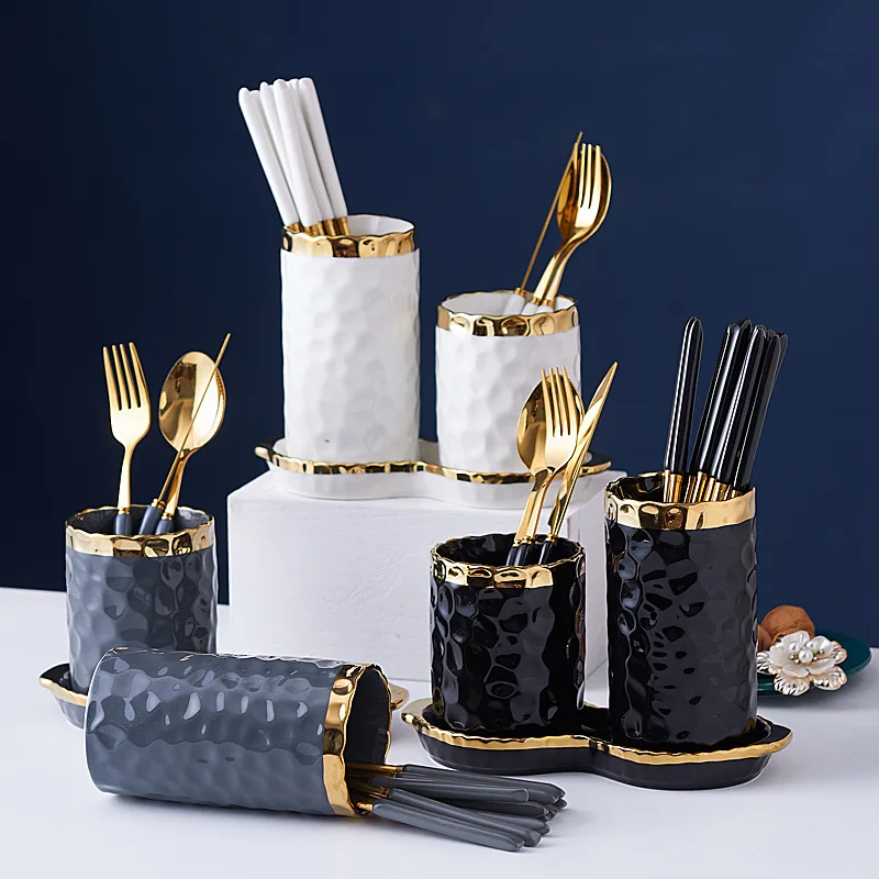 

Позолоченная керамическая подставка для палочек и столовых приборов с дренажем, органайзер для ножей, вилок, ложек, кухонная подставка для хранения, тубус для кухонных принадлежностей, для дома