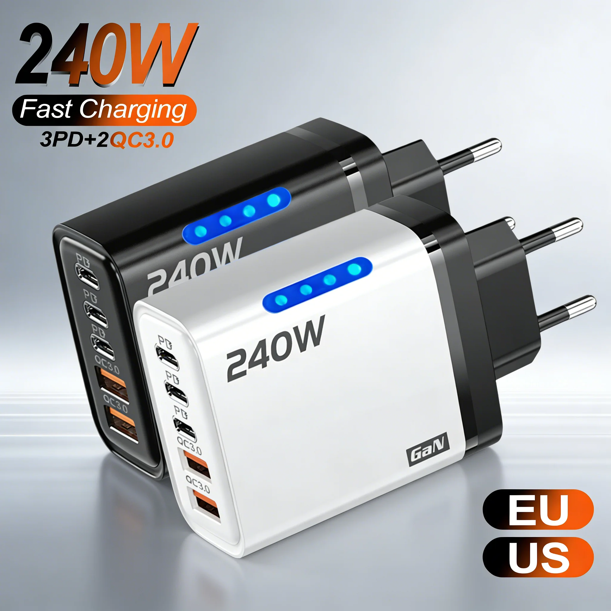 240W GaN USB 충전기 5포트 멀티 포트 고속 충전 벽면 전원 어댑터 USB 퀵 충전기 EU US 플러그 아이폰 삼성 샤오미용