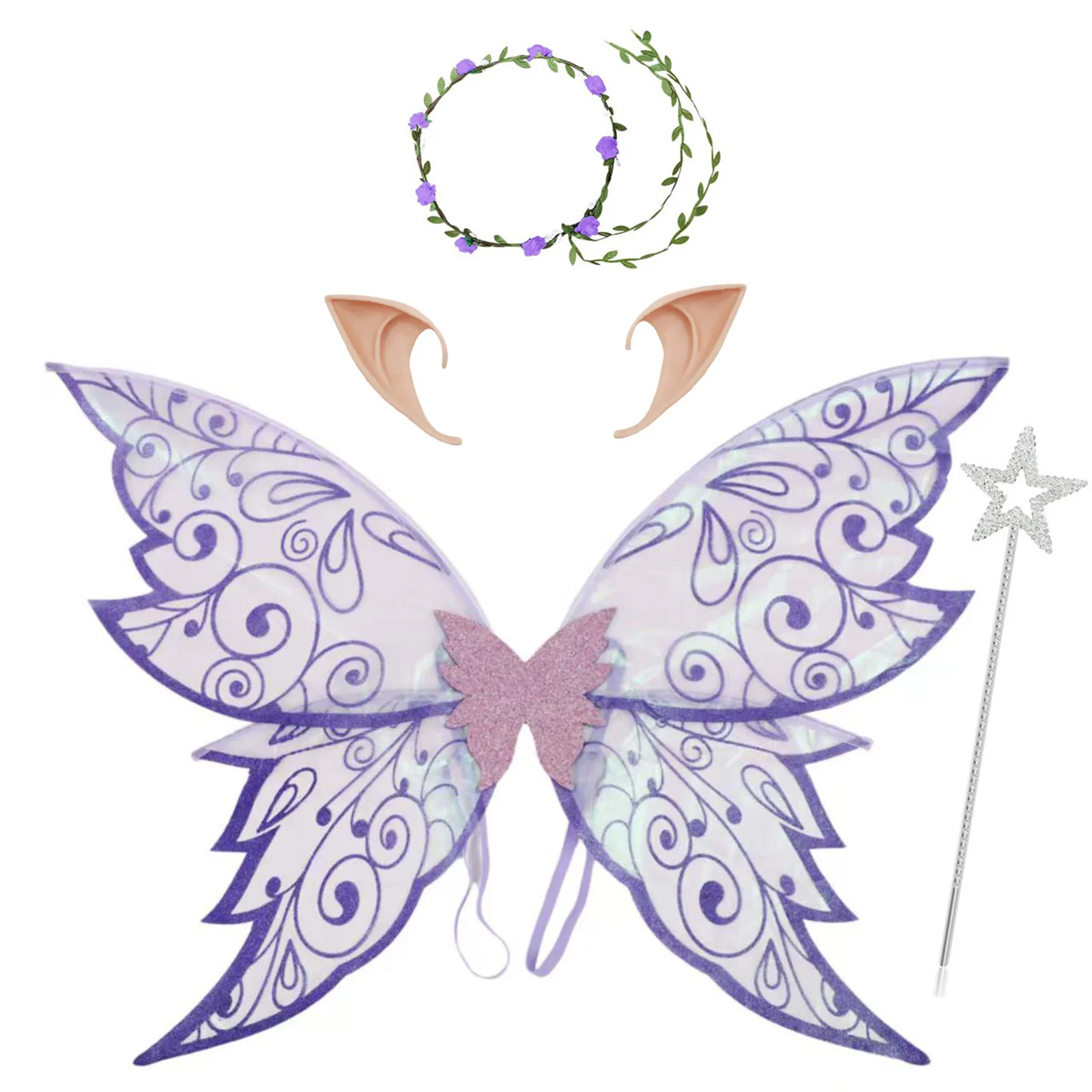 Women Adults Fairy Wings Girls Glitter Butterfly Fairy Wings+Fairy Ears+Garland+Wand for Halloween Cosplay Costume Accessories