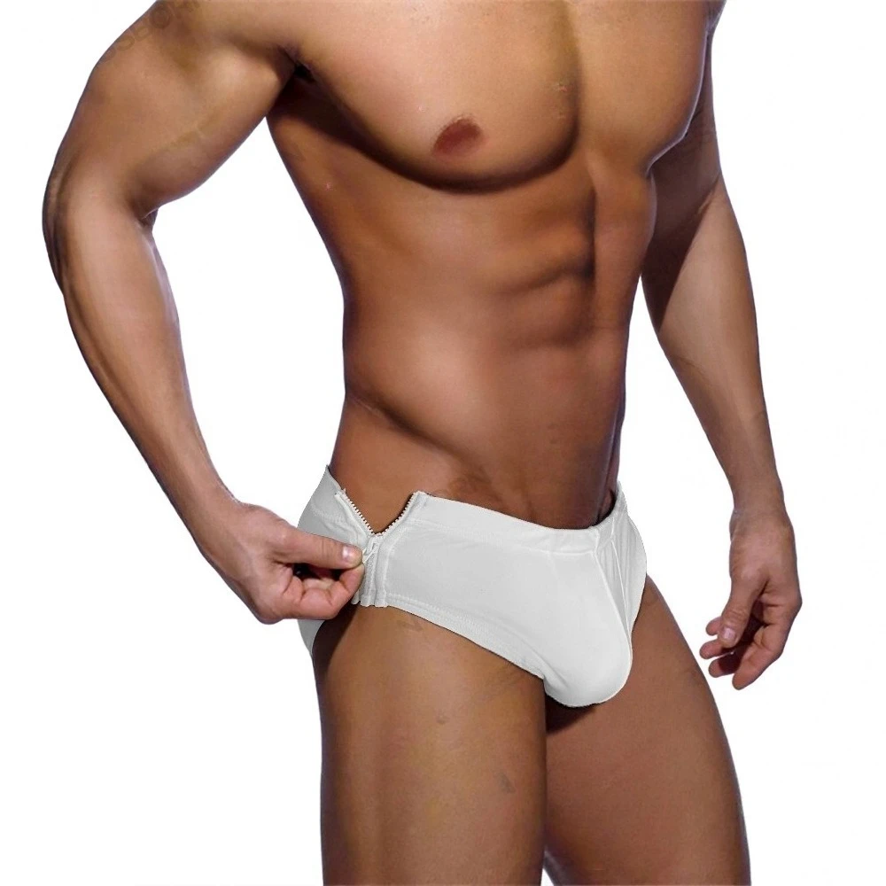 

2025 Bilateral Zipper Men's Triangle Swimsuit Full Open Speed Off Swimsuit Solid Color Low Waist Swimsuit 10128