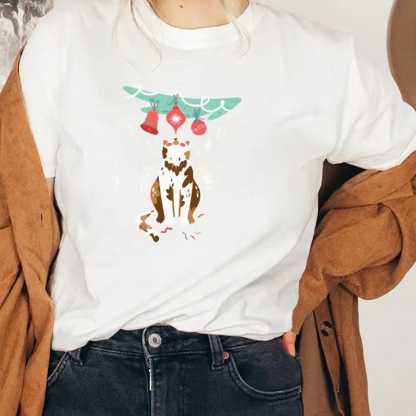 

Y2K Cotton Casual T-Shirt Short Sleeve Round Neck Fitted Cute Cat with Christmas Tree Ornaments Graphic Colorful Holiday