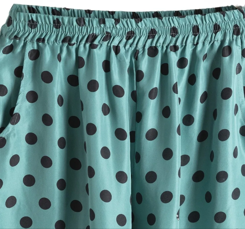 Casual 100% Natural Mulberry Silk Electric Spinning Trousers, Women's Double Pocket Design Elastic Waist Blue Polka Dot Pants