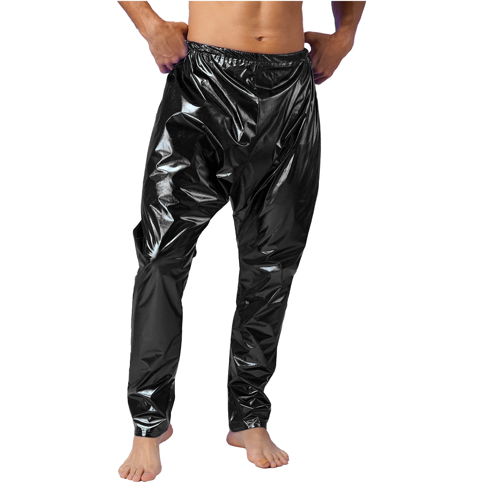 Calça comprida brilhante e metálica masculina, roupa dançante hip-hop, cintura elástica, sólida, leve, casual, calça harém para performance de palco