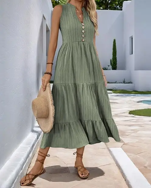

2026 Summer New Fashion Casual Elegant Sexy Mid Length Pleated Solid Color Standing Collar Sleeveless Dress