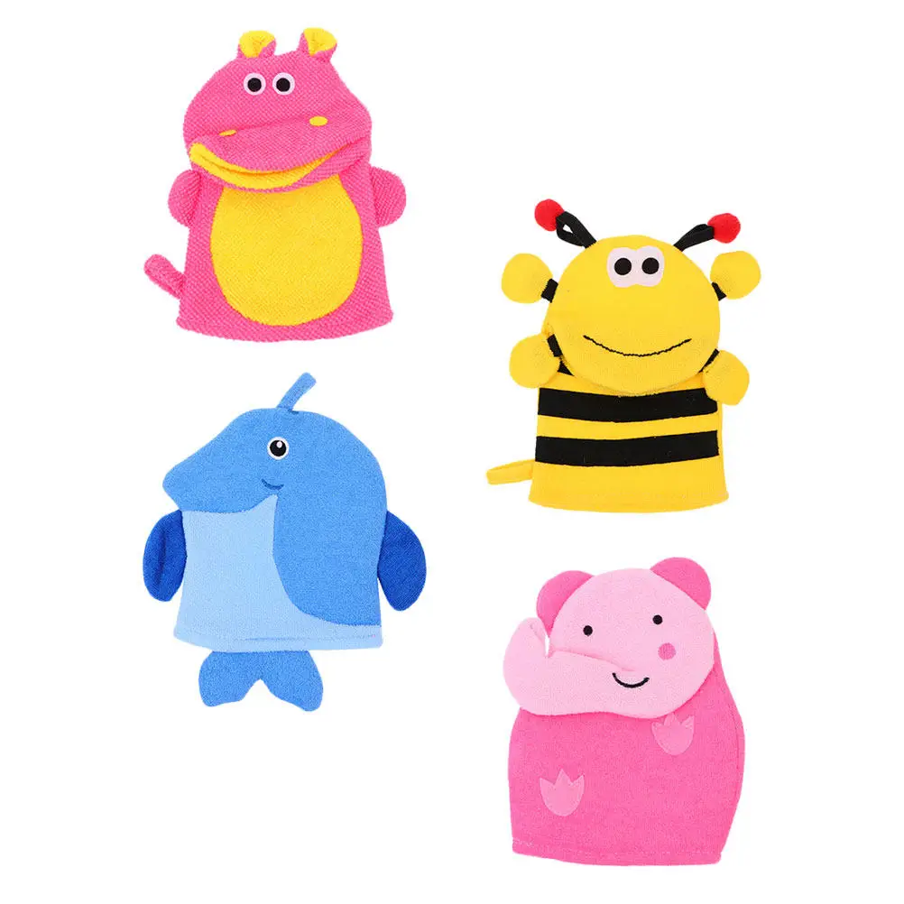 

4Pcs Children Bath Scrubbing Gloves Cartoon Animal Pattern Soft Exfoliating Bath Mitts Baby Shower Gloves Bathing