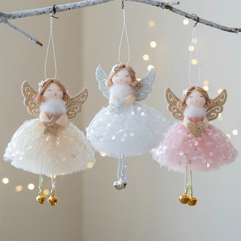 

Enchanting Angel Girl Pendants with Sequined Skirts & Golden Wings Hanging Christmas Tree Ornaments Perfect for Party Decor